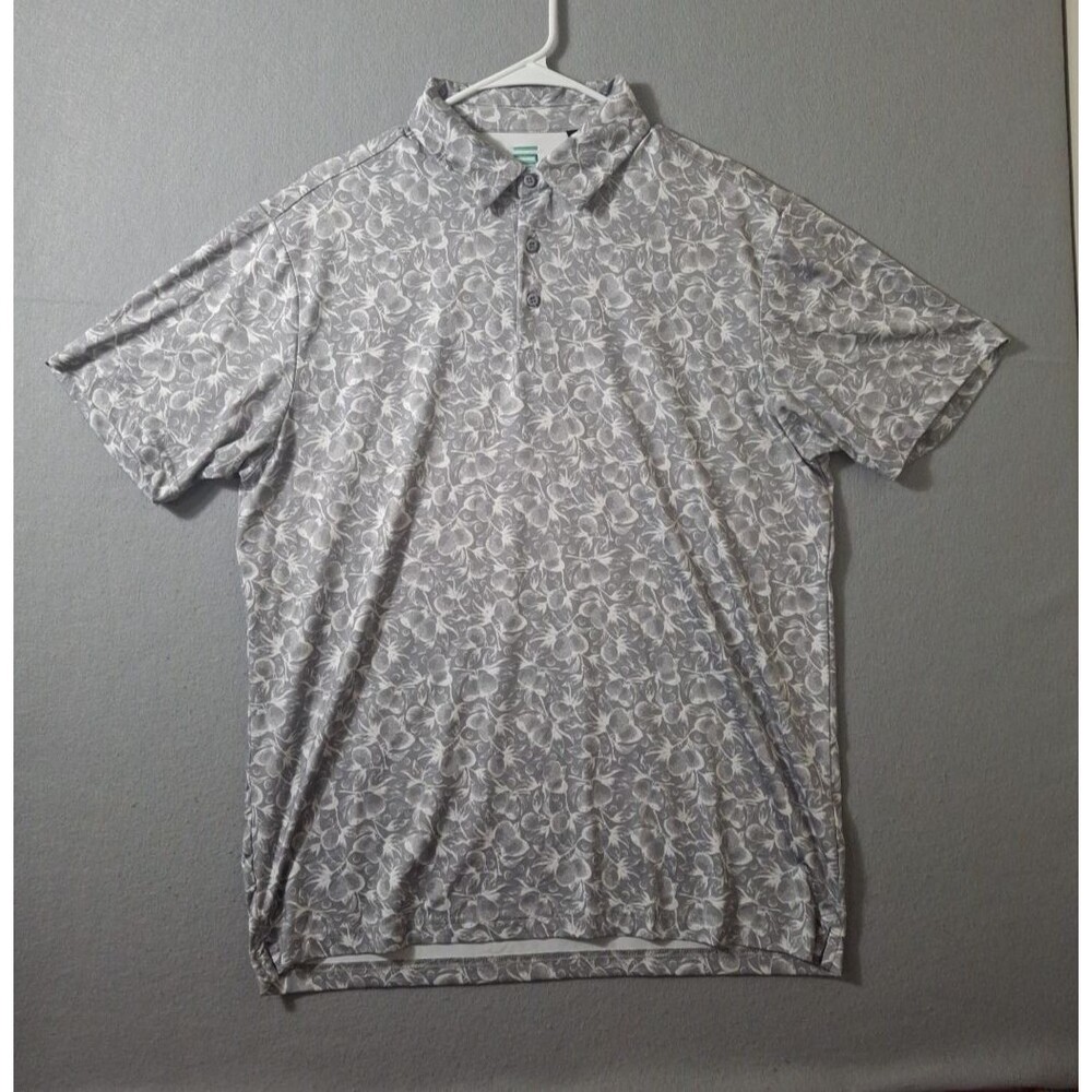 Three Sixty Six Polo Shirt Mens L Grey Floral Aop Performance Stretch S/S Golf